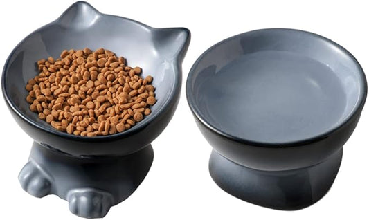 Nihow Elevated Cat/Dog Bowls Set : 6.2 Inch Ceramic Raised Cat Food & Water Bowl Set for Protecting Pet's Spine - Feeding & Watering Supplies for Cat/Small Size Dog - Elegant Gray(2PC) - PAWPICO