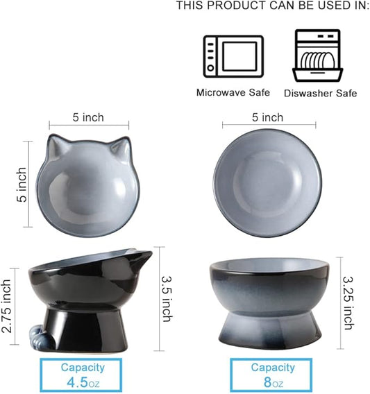 Nihow Ceramic Raised Cat & Dog Bowls: 5 Inch Elegant Gray (2 PC), Protecting Pet's Spine, Feeding & Watering Supplies, Modern Design, Anti Vomiting, Whisker Friendly - PAWPICO