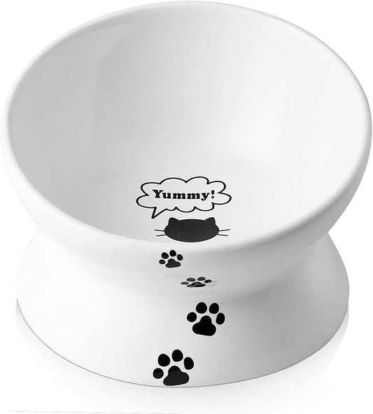 Y YHY Cat Food Bowl 6", Elevated Tilted Cat Bowl, Raised Cat Bowls for Adult Cats or Dogs, Ceramic Pet Food Water Dish 10 oz, White - PAWPICO