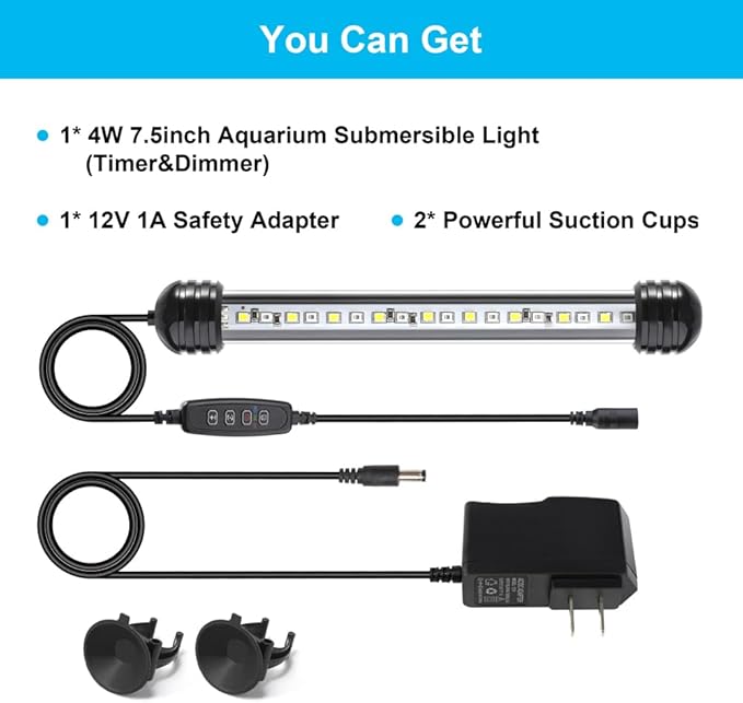 4W 7.5inch Submersible Aquarium Light Underwater Fish Tank Light LED Aquarium Light Bar with Timer Auto On/Off and Dimmer Adjustable Brightness, 1 Yr Warranty DaToo