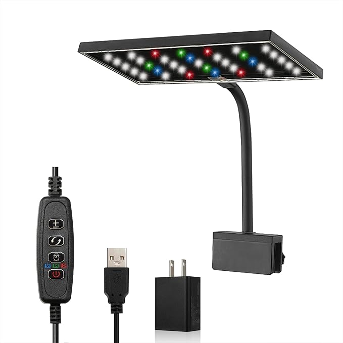 Carefree Fish Aquarium LED Light USB 5V RGBW 5730 Timmer 5~10Gal Fish Tank Clip Light for Rimless Tank 10 Brightness Levels 8W with USB Port (Include Power Adapter) Bewatermyfriend