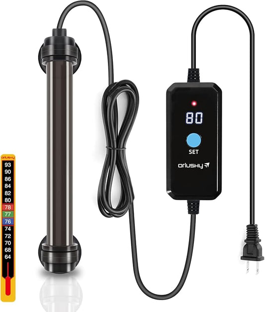 Orlushy 25W Submersible Mini Fish Tank Heater, Adjustable Aquarium Heater with Digital Display External Controller, Overheat Protection and Free Thermometer for 1-5 Gallon Freshwater & Saltwater Tank Orlushy