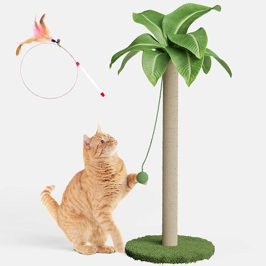 Cat Scratching Post for Indoor Cats and Kitten, 33.5" H Sisal Rope Scratching Posts with Simulated Leaves, Kitten Scratcher with Soft Platform and Hanging Ball - 1 Cat Teasing Stick - PAWPICO