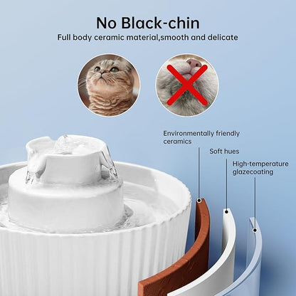 Ceramic Cat Water Fountain, 2.1L/70oz Ceramic Pet Water Fountain Automatic Cat Drinking Fountains Pet Water Bowl, Porcelain Cat Water Dispenser with Ultra-Quiet Pump for Cats and Dogs (White) - PAWPICO