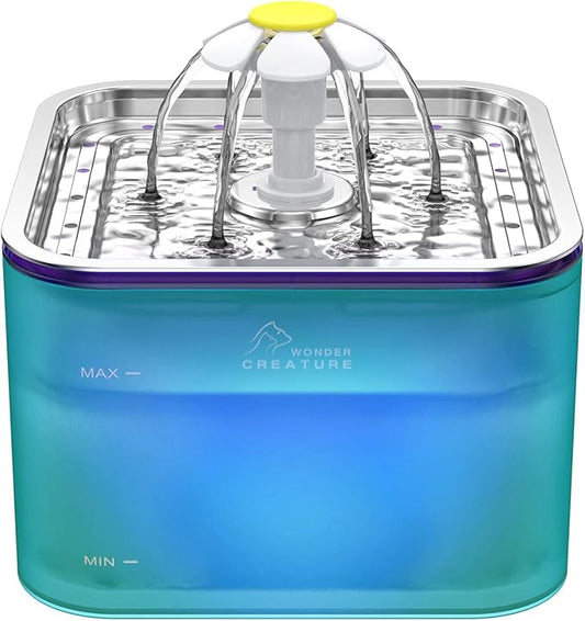 Crystal Cat Water Fountain Stainless Steel, 101oz/3L Pet Fountain with LED Light for Cats and Dogs (Green) - PAWPICO