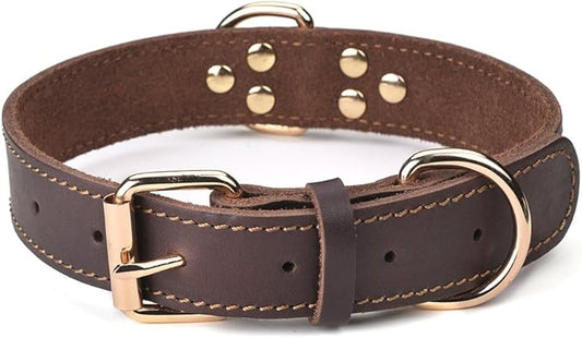 Genuine Leather Dog Collar, Heavy Duty Dog Collar, Wide Dog Collar for Small Dog, Medium Dog, Large Dog and Extra Large Dog (M: 1" Wide for 15.2"-19.2" Neck, Single Stitch - Brown) DAIHAQIKO