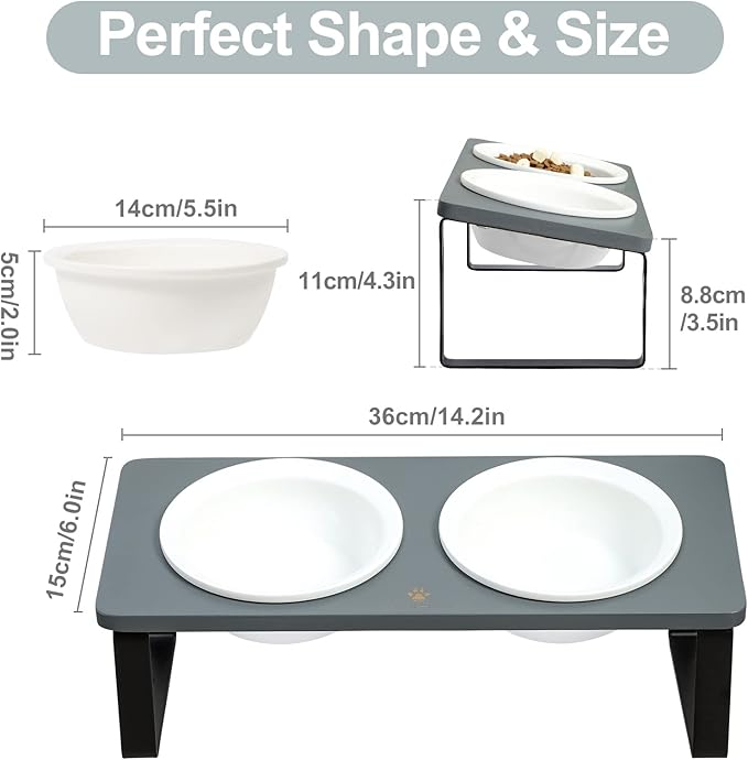 Sunhoo Ceramic Elevated Cat Bowls, Raised Puppy Dishes for Food and Water, Tilted Bamboo Stand for Anti Vomiting, Indoor 5.5 inch Wide Double Dish Orthopedic Anti-Vomiting (Grey) - PAWPICO