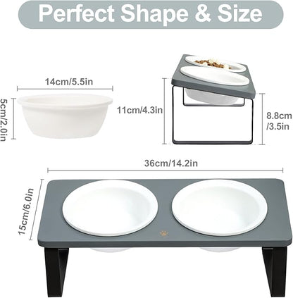 Sunhoo Ceramic Elevated Cat Bowls, Raised Puppy Dishes for Food and Water, Tilted Bamboo Stand for Anti Vomiting, Indoor 5.5 inch Wide Double Dish Orthopedic Anti-Vomiting (Grey) - PAWPICO