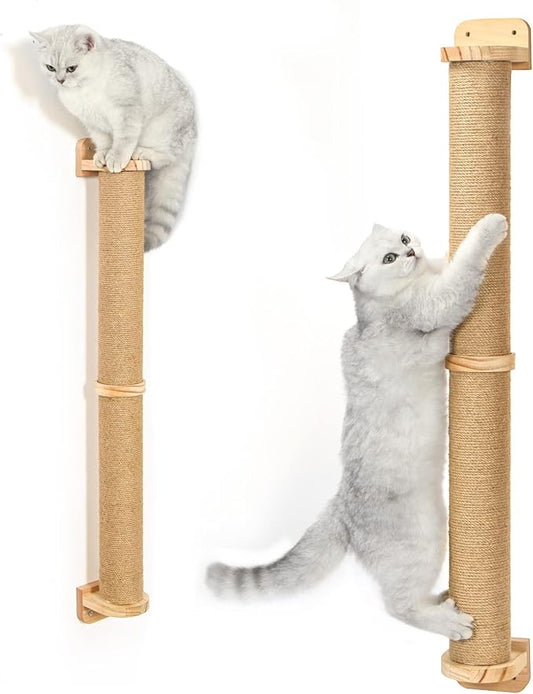 2 Tier Cat Wall Wood Sisal Scratching Post for Indoor - 37 inch Tall- Vertical or Horizontal Wall Mounted Cat Scratcher, Cat Scratching Board, Cat Activity Trees Cat Wall Furniture Shelves - PAWPICO