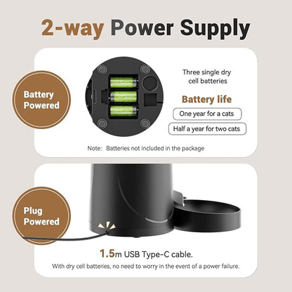 Dual Automatic Cat Feeder: Cat Feeder Automatic for 2 Cats- Timed Auto Feeder 16 Cups/4L Cat Food Dispenser& Dual Power Auto Pet Feeder for Indoor Cat&Dog| 1-6 Meals Portions Control, Black - PAWPICO