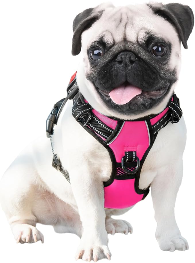 PHOEPET Reflective Dog Harness Large Breed Adjustable No Pull Vest with Handle 2 Metal Rings 3 Buckles [Easy to Put on & Take Off](L, Pink) PHOEPET