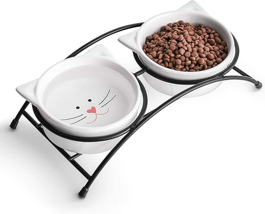 Y YHY Raised Cat Food Bowls,Pet Bowls with Stand,Ceramic Cat Dog Bowls Elevated,Cute Cat Dishes,12 Ounces,Dishwasher Safe - PAWPICO