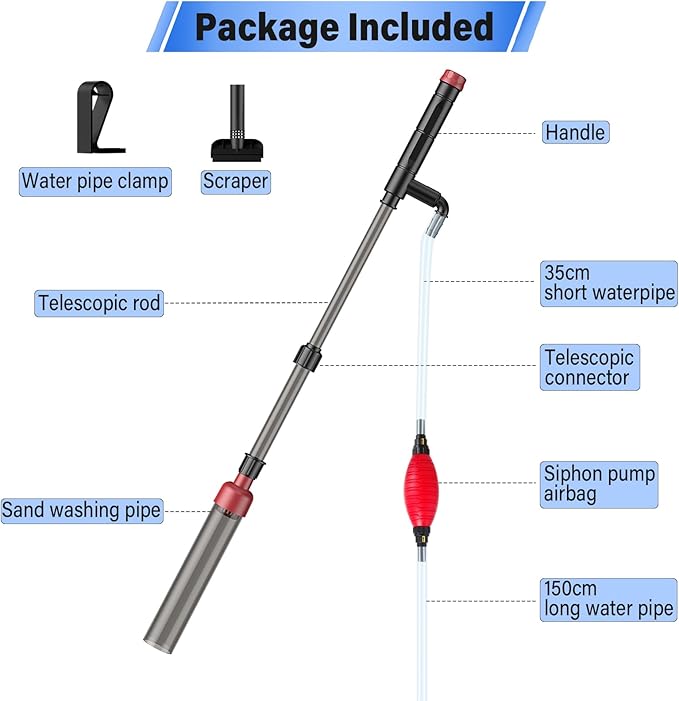 Aquarium Siphon Vacuum Cleaner: 4 in 1 Manual Fish Tank Vacuum Cleaning Tools for Water Change, Sand Cleaning and Remove Dirt, Fish Tank Cleaner Vacuum with Adjustable Length Suness
