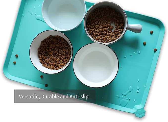 Hoki Found L Silicone Pet Food Mats Tray - Non Slip Pet Dog Cat Bowl Mats Placemat - Dog Cat Food Mats - Waterproof Dog Pet Cat Feeding Mat -Pet Water Mats for Carpet - Cool Mint - PAWPICO