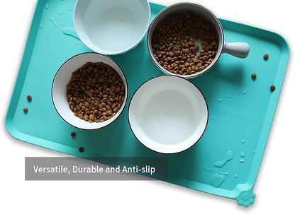Hoki Found L Silicone Pet Food Mats Tray - Non Slip Pet Dog Cat Bowl Mats Placemat - Dog Cat Food Mats - Waterproof Dog Pet Cat Feeding Mat -Pet Water Mats for Carpet - Cool Mint - PAWPICO