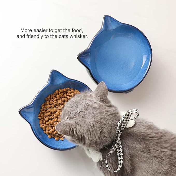 Nihow Ceramic Basic Cat Bowls: 6.25 Inch Cat Bowl for Food & Water - Food Grade Cat Dish for Large-Sized Cat/Medium-Sized Dog - Microwave & Dishwasher Safe -Elegant Blue & Black (8.5 OZ /1 PC) - PAWPICO