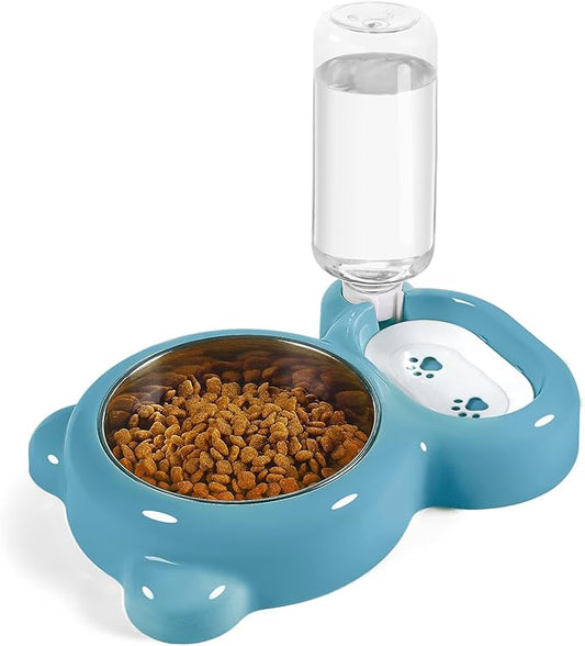 Dog Bowls, Cat Food and Water Bowl Set with Water Dispenser and Stainless Steel Bowl for Cats and Small Dogs - Blue - PAWPICO