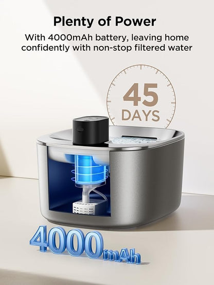 Wireless Cat Water Fountain Stainless Steel with Sensor, 4000mAh Battery Operated, 4L/135fl oz Pet Water Fountain for Cats Dogs, Ultra Quiet Cat Drinking Fountain with 2 Filters (YPD-C004S) - PAWPICO