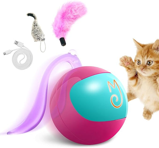 Migipaws Interactive Cat Ball Toy Set, Fun Tracker, Automatic Rolling Chase Ball with Fluffy Tail, A Small Mice, Rechargeable（Rose） - PAWPICO