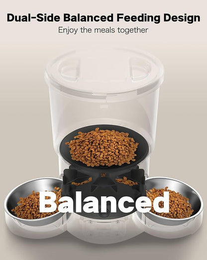 SURDY Automatic Cat Feeder for 2 Cats, 3L Cat Food Dispenser Auto Cat Feeder with 2 Stainless Bowls, 10s Meal Call Dual Power Supply and Timer Setting 12 Portions 6 Meals Per Day for Cats (Black, 5L) - PAWPICO