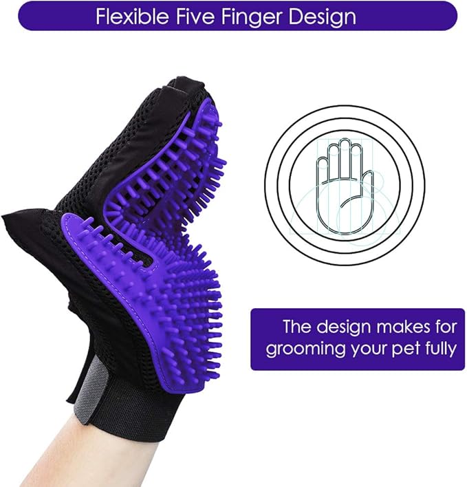 Upgrade Version Pet Grooming Glove - Gentle Deshedding Brush Glove - Efficient Pet Hair Remover Mitt - Enhanced Five Finger Design - Perfect for Dog & Cat with Long & Short Fur - 1 Pair (Purple) - PAWPICO