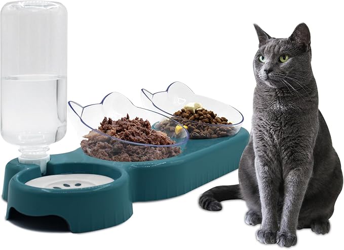 Triple Cat Bowls,15°Tilt 3-in-1 Water Feeder Bowls Cat Double Food Bowls with Automatic Water Bottle Bowl, Whisker Friendly Wet and Dry Cat Elevated Feeding Dishes for Small Cat and Puppy (Navy Blue) - PAWPICO