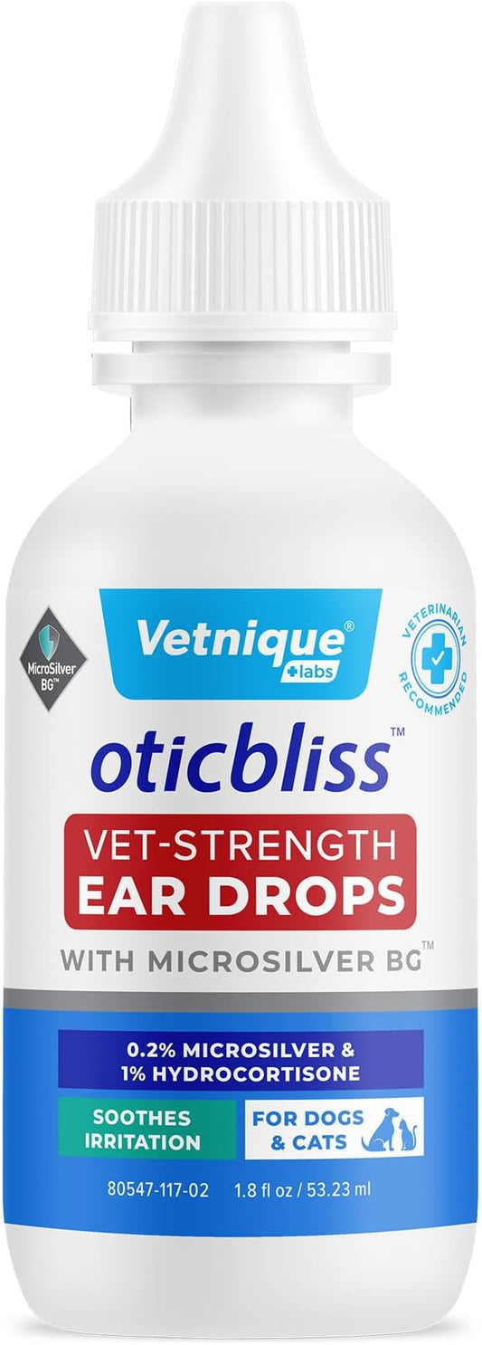 Vetnique Oticbliss Cat & Dog Ear Infection Treatment Drops - with 1% Hydrocortisone & MicroSilver BG for Dog Yeast Ear Infections - Vet Recommended Cat & Dog Ear Cleaner for Itchy Ear Relief VetniqueLabs