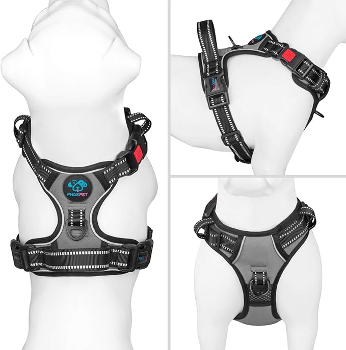 PHOEPET No Pull Dog Harness Medium Reflective Front Clip Vest with Handle,Adjustable 2 Metal Rings 3 Buckles,[Easy to Put on & Take Off](XL, Grey) - PAWPICO