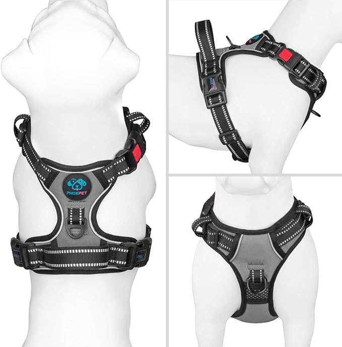 PHOEPET No Pull Dog Harness Medium Reflective Front Clip Vest with Handle,Adjustable 2 Metal Rings 3 Buckles,[Easy to Put on & Take Off](M, Grey) PHOEPET