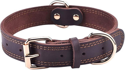 Genuine Leather Dog Collar, Heavy Duty Dog Collar, Wide Dog Collar for Small Dog, Medium Dog, Large Dog and Extra Large Dog (S: 0.8" Wide for 13.4"-15.8" Neck, Dual Stitch - Brown) DAIHAQIKO