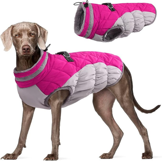 FUAMEY Dog Coat, X-Large, Pink, Faux Fur, Turtle Neck, Zipper, Water Resistant, Reflective, Windproof, Fitted for Large Breeds - PAWPICO