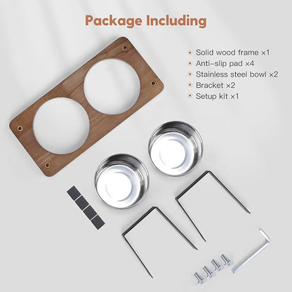 Elevated Cat Bowls, 15° Tilted Raised Cat Food Bowls Wood Pet Bowls with Stand Anti Vomiting 2 Stainless Steel Bowls for Cats and Puppy - PAWPICO
