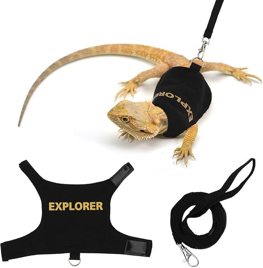 Hypeety Bearded Dragon Harness and Leash Set Adjustable Escape Proof Leash Outdoor Walking Training Leash and Harness for Bearded Dragon Lizard Reptiles Small Pets Black (Explorer) Hypeety