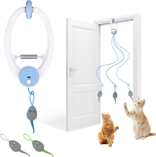 Cat Toy Interactive for Indoor Cats, Smart USB Rechargeable Door Hanging Automatic Retractable Kitten Toys, Teaser Electronic Self Play Feather Cat String Toy Attached with 3 Catnip Mice White - PAWPICO