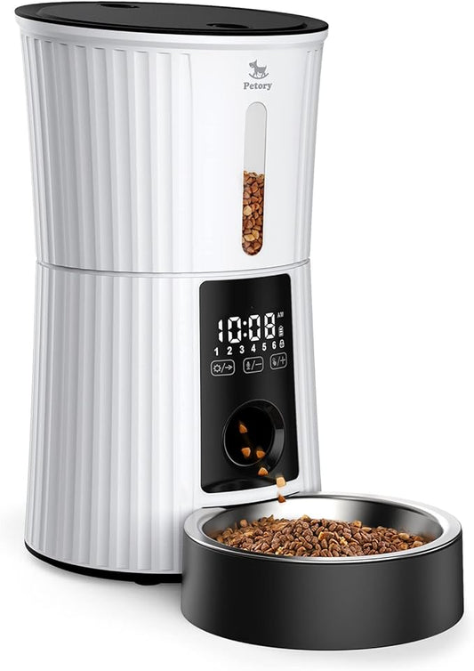 Petory Automatic Cat Feeders - 4L Timed Cat Feeders for Dry Food Built-in Battery up to 6 Meals with Desiccant Bag Support Dual Power 10S Recorder - PAWPICO