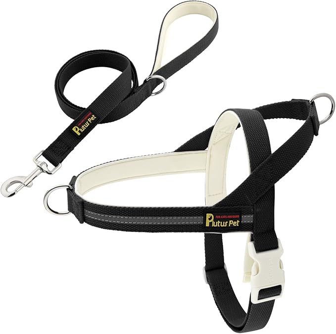 Plutus Pet Cotton Dog Harness and Leash Set, Reflective and Soft Padded, Quick Fit Vest Harness, for Small, Medium and Large Dogs, Black, L PLUTUSPET