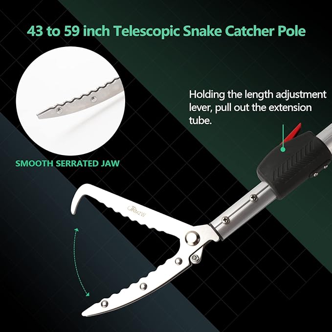 Snake Catcher Tongs Grabber Rattle Heavy Duty with 43 inch to 59 inch Telescopic Pole Professional+Heated+Jacket