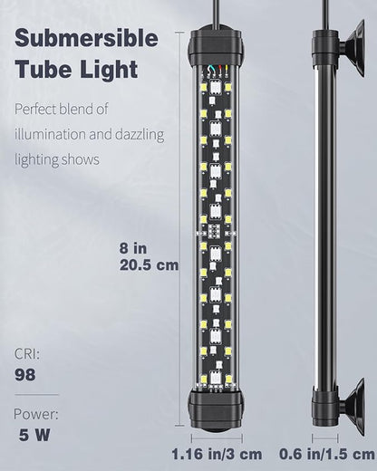 Pawfly 5 W Aquarium LED Light 8 Inch 24/7 Fish Tank Light with Full Spectrum Brilliant White Blue Red Green Lights Multi-Colored LEDs with D/N Mode Single Color Effects Timer and Adjustable Brightness Pawfly