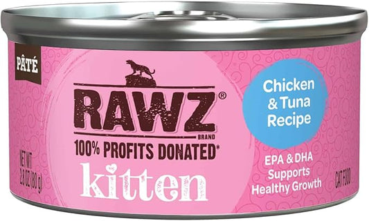 Rawz Natural Premium Pate Canned Kitten Wet Food - Made with Real Meat Ingredients No BPA or Gums -2.8 oz Cans (Case Pack of 18) (Chicken & Tuna) - PAWPICO