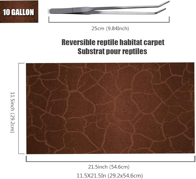 2 Pack Reptile Carpet Desert Reptile Mat & Reversible Substrate, Terrarium Liner Bedding, for Lizard,Chameleon,Gecko,Snake,Ceratophrys with Tweezers Feeding Tong (10 Gallon(21.5x11.5in)) REP+BUDDY