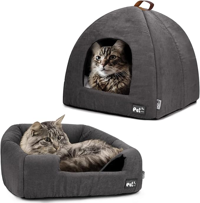 Cat Bed for Indoor Cats -Premium Pet Beds for Cats and Small Dogs, Cat Bed Cave, Comfortable Covered Cat Bed, Cat Tent, Kitten Bed, Small Animal Bed and Cat Hut with Cushioned Pillow (Medium, Grey) - PAWPICO