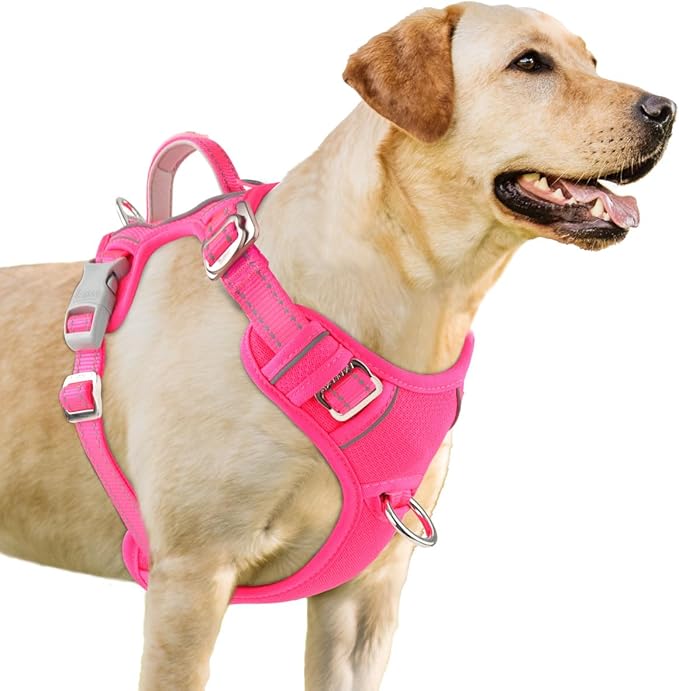 BARKBAY No Pull Dog Harness 3 Buckles Large Reflective Dog Harness with Front Clip and Easy Control Handle for Walking Training Running with ID tag Pocket(Pink,M) BARKBAY