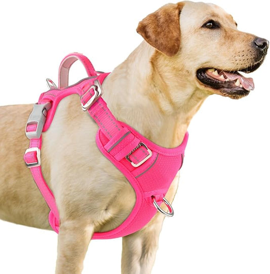 BARKBAY No Pull Dog Harness 3 Buckles Large Reflective Dog Harness with Front Clip and Easy Control Handle for Walking Training Running with ID tag Pocket(Pink,L) BARKBAY