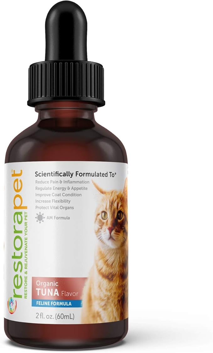 RestoraPet Organic Cat Supplement | Healthy & Safe Antioxidant Liquid Drops | Anti-Inflammatory Multi-Vitamin | Increases Mobility & Energy | Cat Joint Supplement | Tuna Flavored RestoraPet