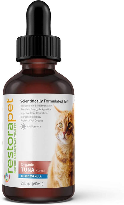RestoraPet Organic Cat Supplement | Healthy & Safe Antioxidant Liquid Drops | Anti-Inflammatory Multi-Vitamin | Increases Mobility & Energy | Cat Joint Supplement | Tuna Flavored RestoraPet