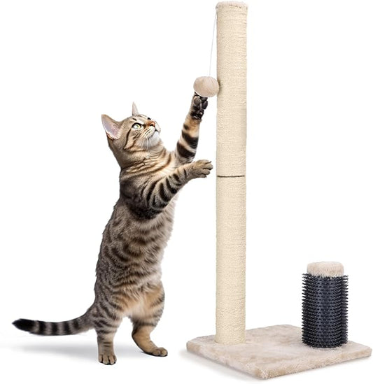 Nobleza 32” Tall Cat Scratch Post with Self Massage Brush, Natural Sisal Rope Cat Scratching Post for Indoor Cats, Stable Cat Scratcher Posts for Kittens Large Cats with Dangling Ball, Light Brown - PAWPICO