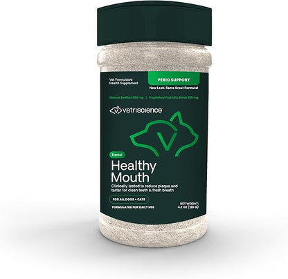 VetriScience Healthy Mouth Dog Dental Powder, Perio Support Clinically Tested Dental Supplement for Small, Medium & Large Breed Dogs, Freshen Breath, Control Plaque & Tartar, Oral Health, 4.2 oz VetriScienceLaboratories