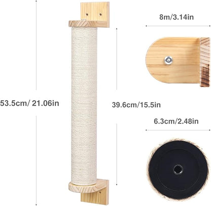 Wall Mounted Cat Scratching Post - 21'' Wooden Sisal Cat Scratcher,Hemp Rope Scratcher Posts for Indoor Cats or Kittens- Cute Modern Wall Mounted Cat Furniture - PAWPICO
