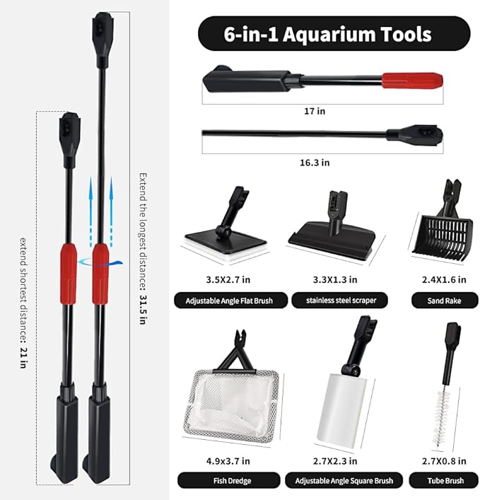 Fish Tank Cleaning Tools, 6 in 1 Aquarium Cleaning Tools, Fish Tank Cleaner with Adjustable Long Telescopic Handle,Multifunction Aquarium Cleaner for Saltwater Freshwater Fish Tank Cleaning Kit SVECKE