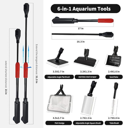 Fish Tank Cleaning Tools, 6 in 1 Aquarium Cleaning Tools, Fish Tank Cleaner with Adjustable Long Telescopic Handle,Multifunction Aquarium Cleaner for Saltwater Freshwater Fish Tank Cleaning Kit SVECKE